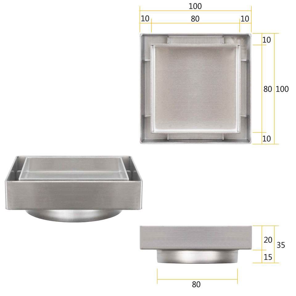 Tiles insert floor waste 80mm; Top 100x100mm